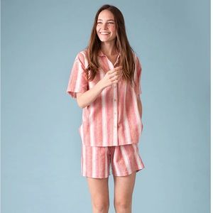 Sonnet James striped linen playsuit pink / red / cream